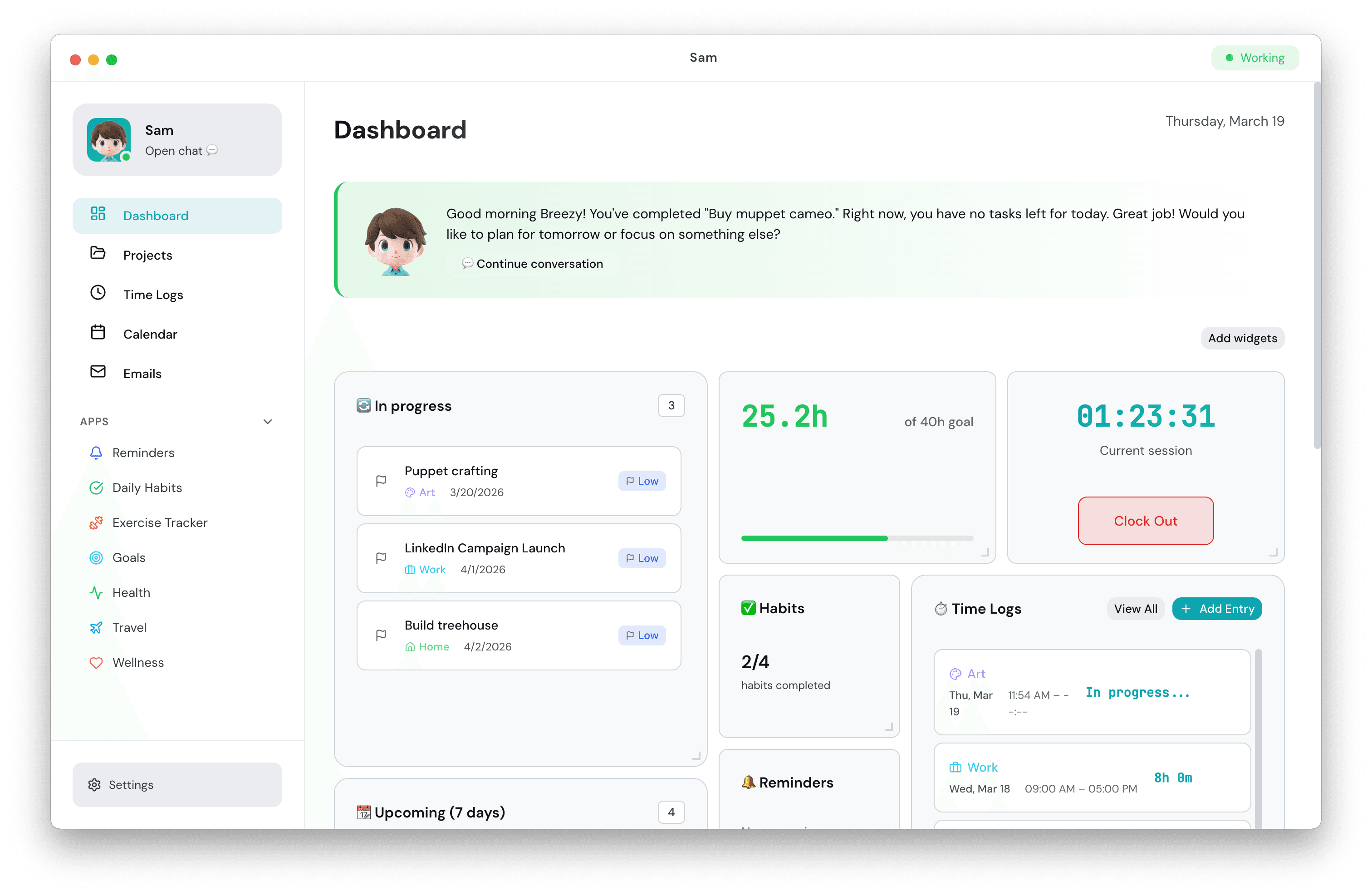 Sam dashboard product screenshot